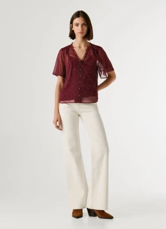 Blusa de chiffon com padrão de bolinhas