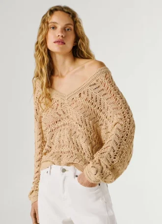 Camisola com decote em V e malha aberta
