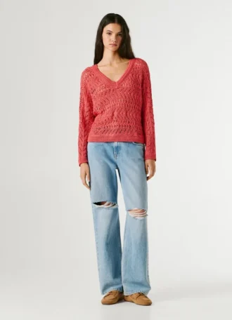 Camisola com decote em V e malha aberta