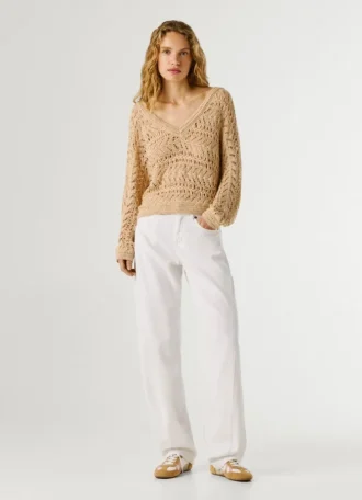 Camisola com decote em V e malha aberta