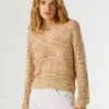 Camisola com decote em V e malha aberta Camisola com decote em V e malha aberta