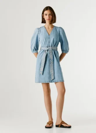 Mini-vestido de ganga com decote em V