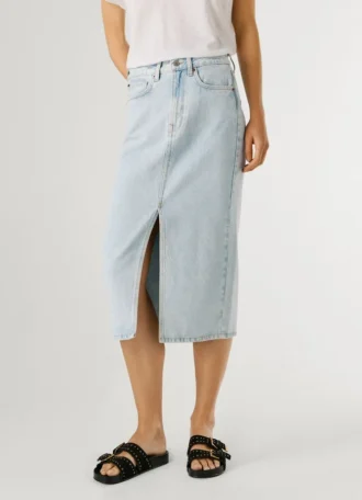 Saia midi em ganga de corte justo