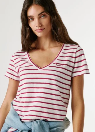 T-shirt com decote em V às riscas