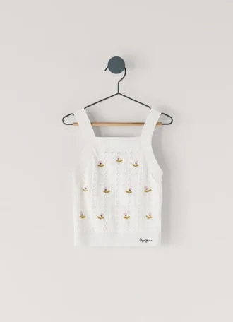 Top em malha pointelle com flores bordadas