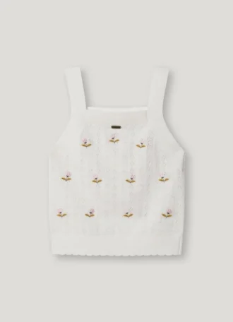 Top em malha pointelle com flores bordadas