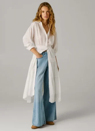 Vestido maxi com gola de camisa comprida