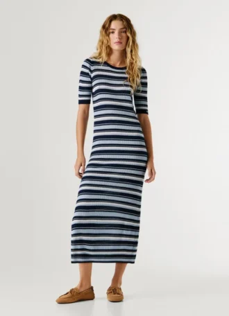 Vestido maxi às riscas com canelado