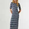 Vestido maxi às riscas com canelado