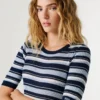Vestido maxi às riscas com canelado